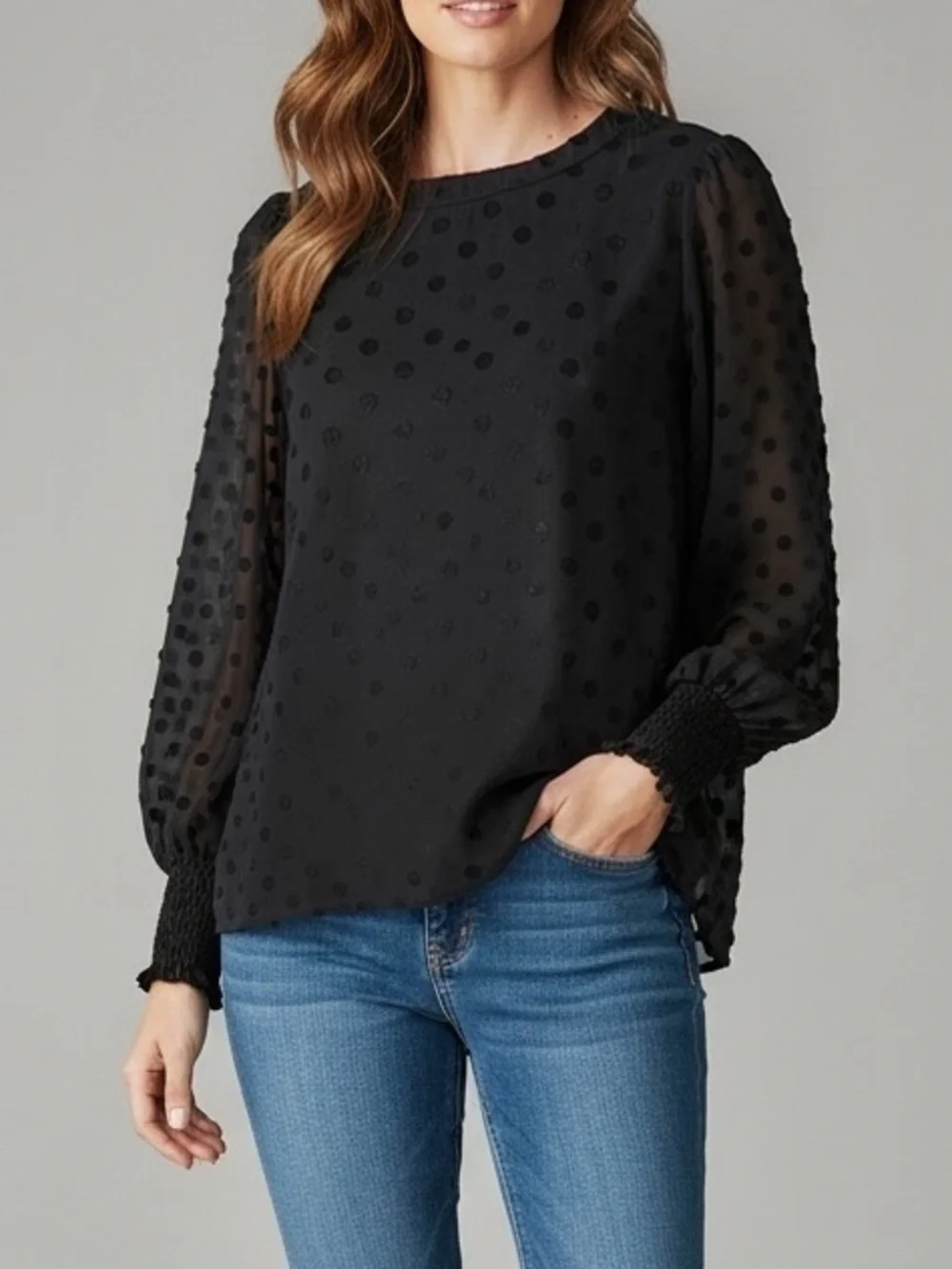 LOFT Black Sheer Velvet Polka Dot Blouse Puff Sleeve Smocked Cuff Romantic